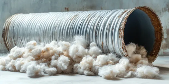 A corrugated flexible metal duct pipe sits on a surface with white insulation fibers spilling from its open end.