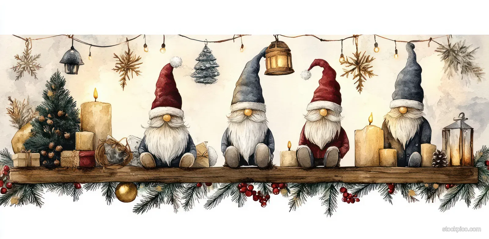 Three watercolor gnomes stand on a rustic garland shelf with lit candles, pine branches, and hanging ornaments.