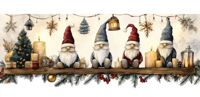 Three watercolor gnomes stand on a rustic garland shelf with lit candles, pine branches, and hanging ornaments.