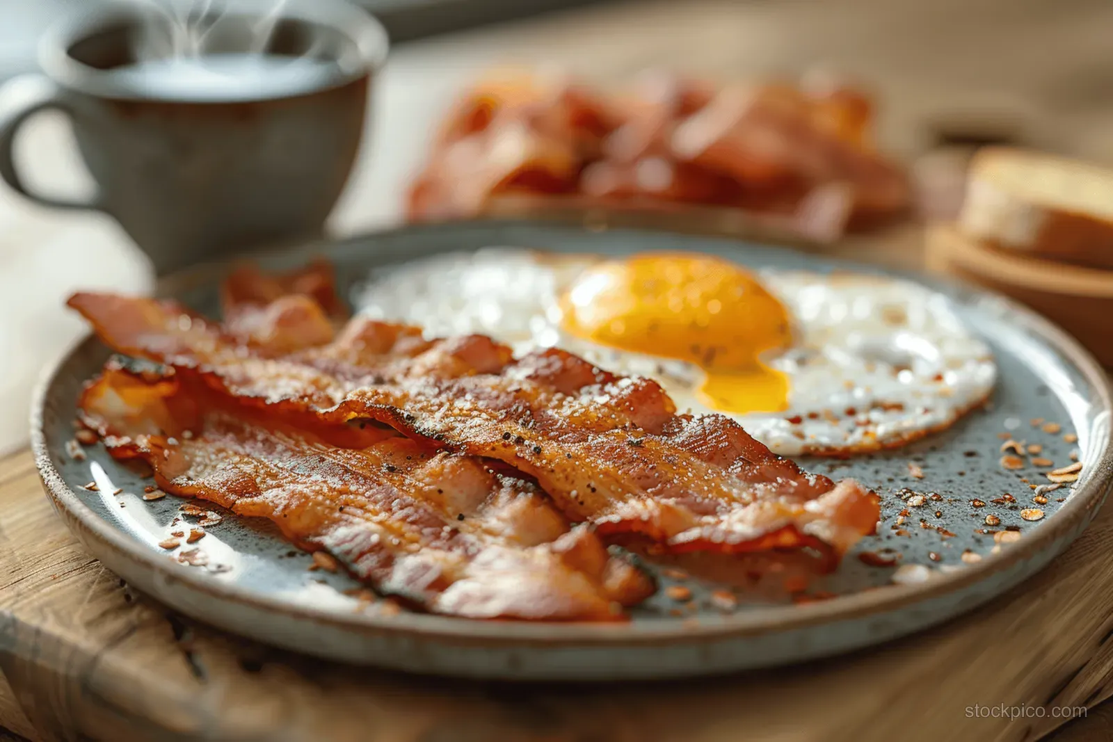 Bacon, a fried egg, toast, and coffee sit on a sunlit wooden table.