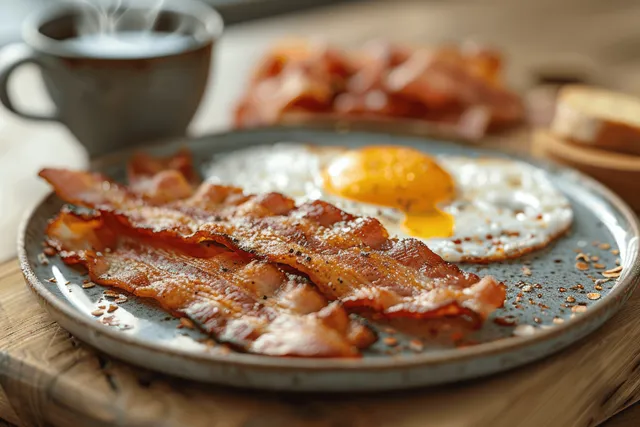 Sunny Breakfast Plate with Bacon, Fried Egg, and Coffee