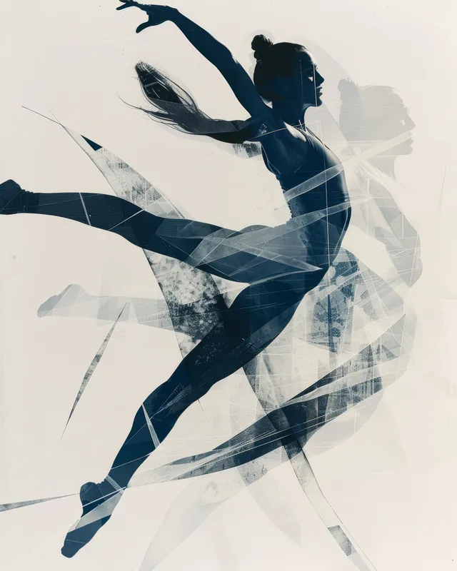 A female gymnast leaps midair in an abstract illustration with blue motion trails and geometric shapes.