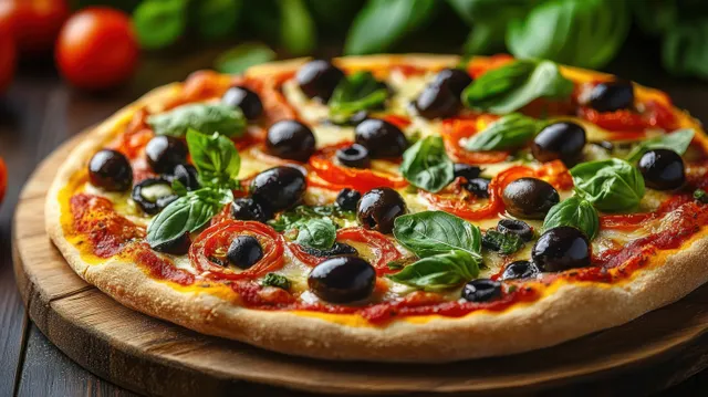 Fresh baked pizza with black olives and basil leaves on a wooden serving board, with melted cheese and crisp crust.