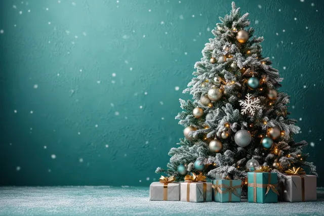 A frosted Christmas tree with glowing lights surrounded by wrapped gift boxes on snow against a teal background.