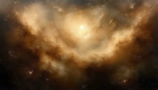 Golden-brown cosmic nebula with a bright central glow surrounded by swirling star and dust clouds in deep space.
