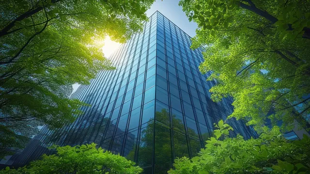 Sunlit modern glass office tower rises behind green treetops with reflected blue sky across its windows.