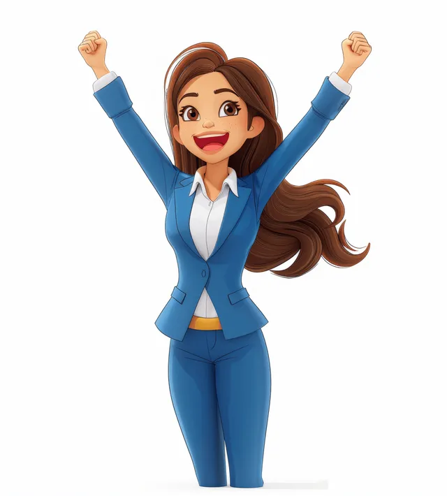 3D cartoon businesswoman in a blue suit raises her arms and smiles on a white background.