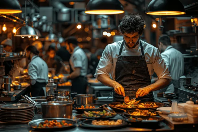 Chef plates sizzling vegetables at a busy rustic restaurant kitchen pass as staff work behind him under warm hanging lights.
