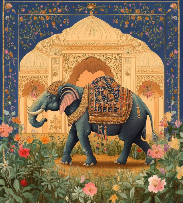 Mughal garden scene with an elephant and ornate archway in vibrant traditional painting