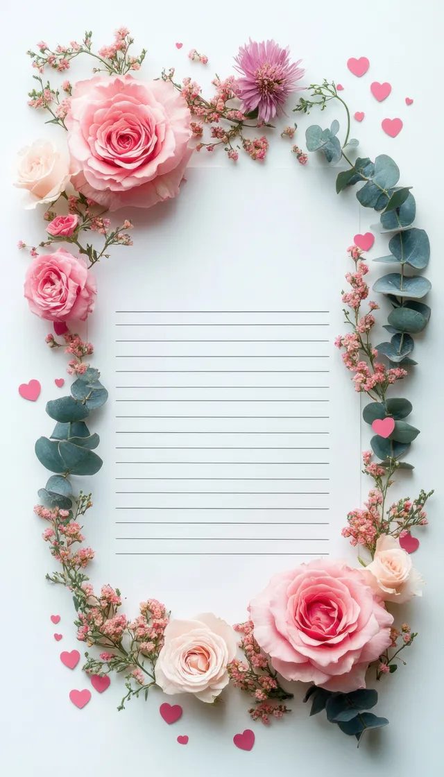 Floral heart frame with pink roses and eucalyptus around lined paper, confetti hearts