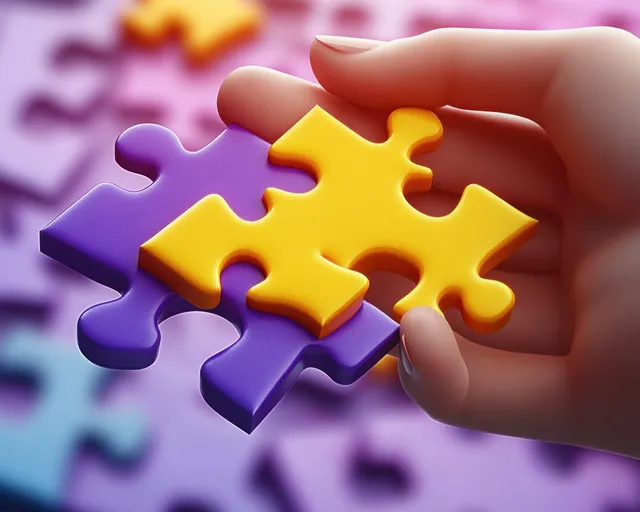 A hand holds three interlocked purple and yellow puzzle pieces with a blurred puzzle background.