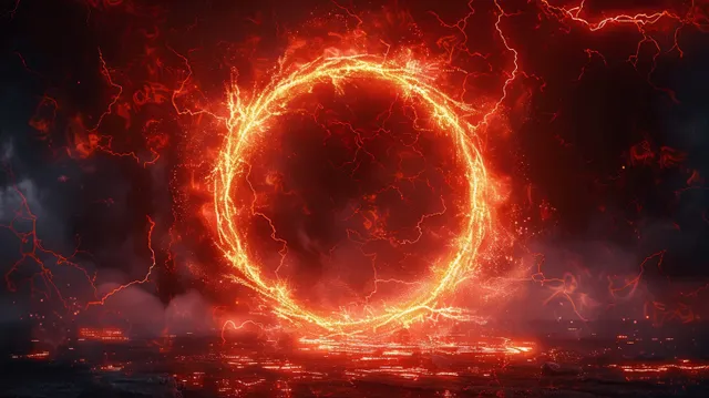 Un anillo de relámpagos de plasma rojo crepita en un cielo oscuro y tormentoso con partículas brillantes a su alrededor.