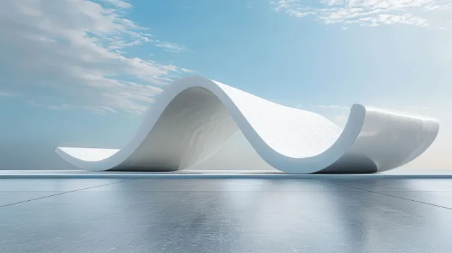 White wave sculpture on empty concrete platform under blue sky, minimal 3D architectural render