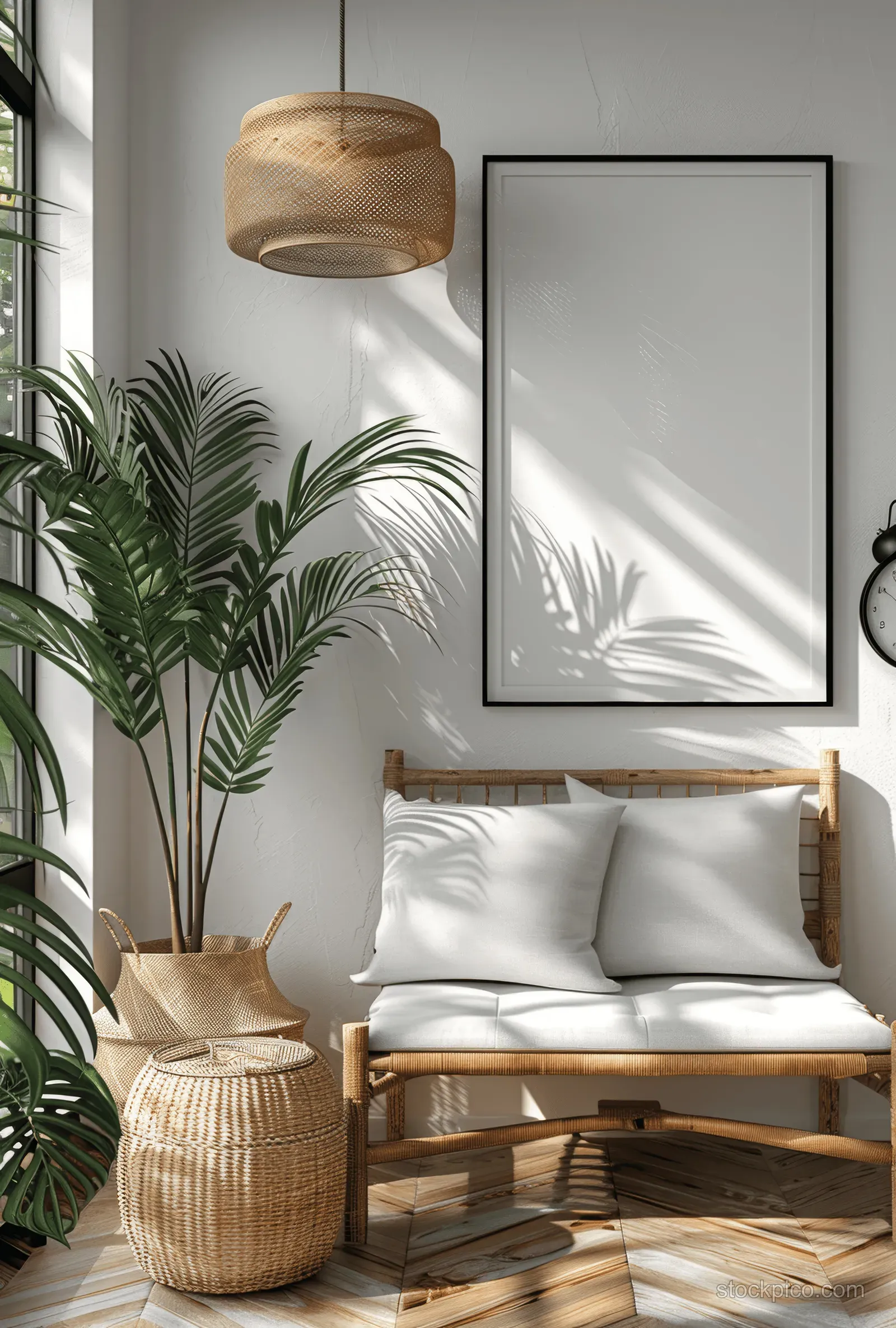 Scandinavian living room corner with blank wall frame, sofa, rattan side table, and leafy plant in natural light.