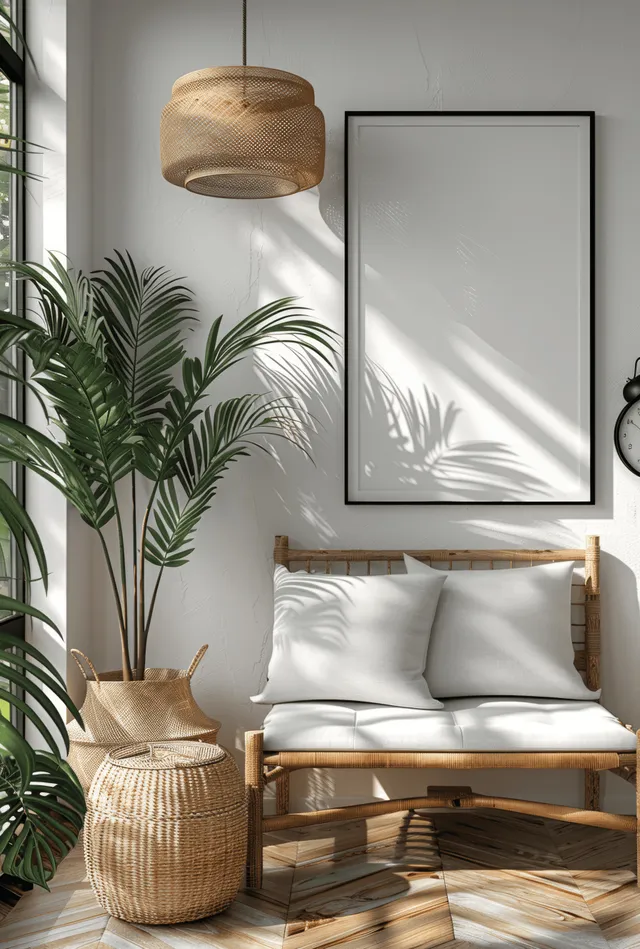 Nordic living room corner with rattan side table, white wall, and blank framed poster
