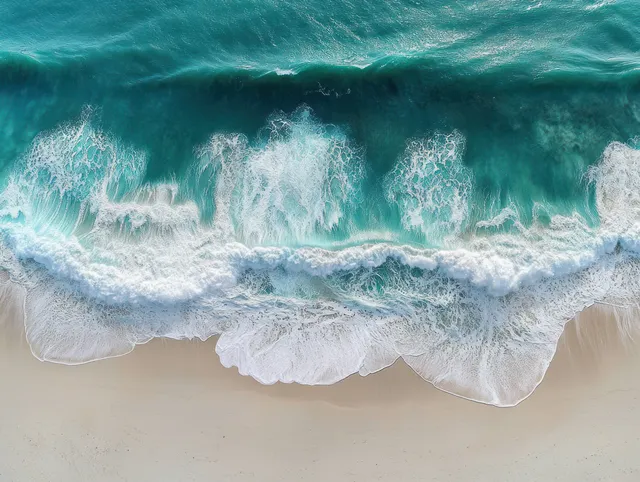 Aerial view of turquoise waves breaking on white sandy beach with bright foam patterns