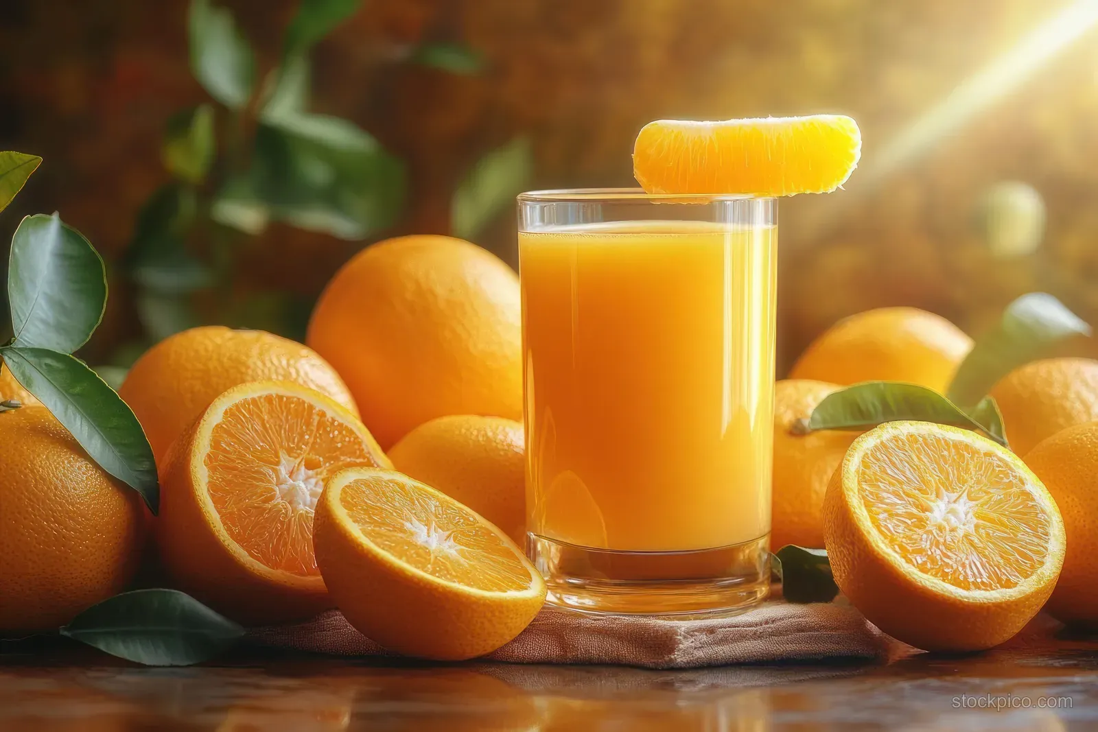 A glass of orange juice surrounded by whole and halved oranges with one segment resting on top.