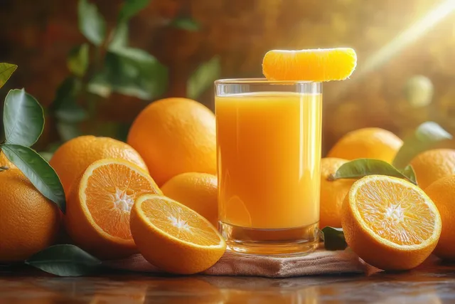 A glass of orange juice surrounded by whole and halved oranges with one segment resting on top.