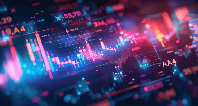 Luminous trading terminal displays an upward growth arrow over blurred candlestick and index charts.