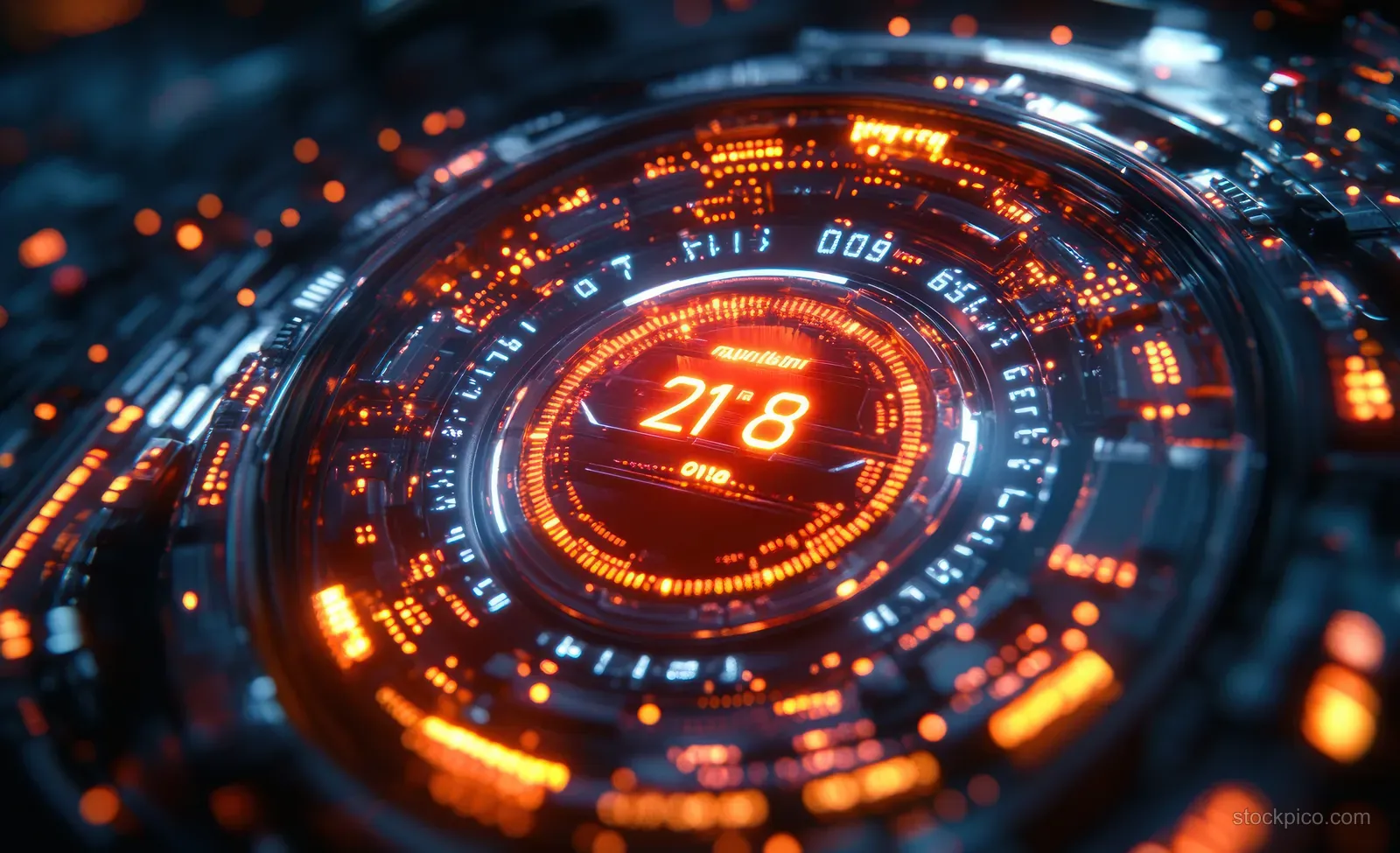 Glowing futuristic speedometer dial showing a bright digital speed readout surrounded by light particles.