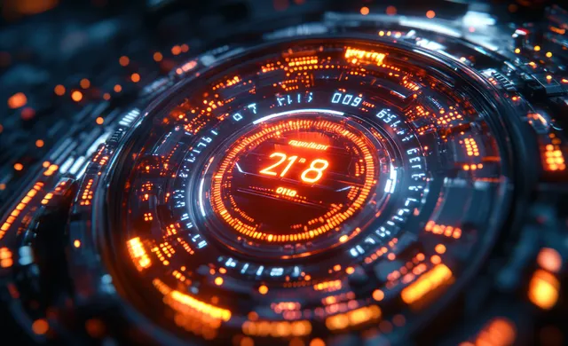 Glowing futuristic speedometer dial showing a bright digital speed readout surrounded by light particles.