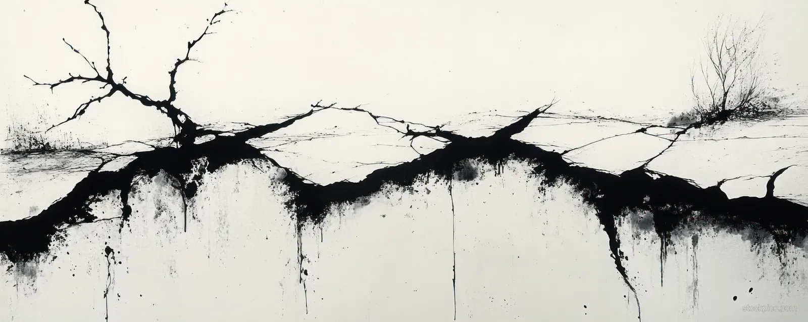 Black ink cracks branch across a white background with dripping streaks and sparse grass details.