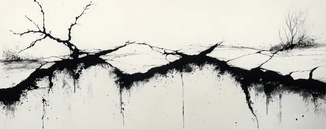 Abstract black ink cracks spread like barren branches on white