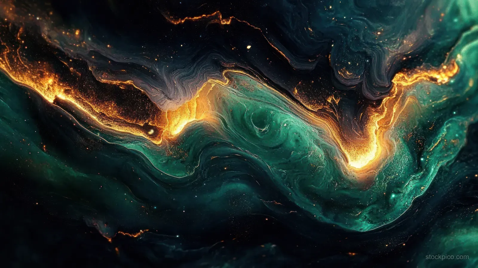 Swirling dark green and black nebula with glowing golden energy streaks and fluid cloud textures.