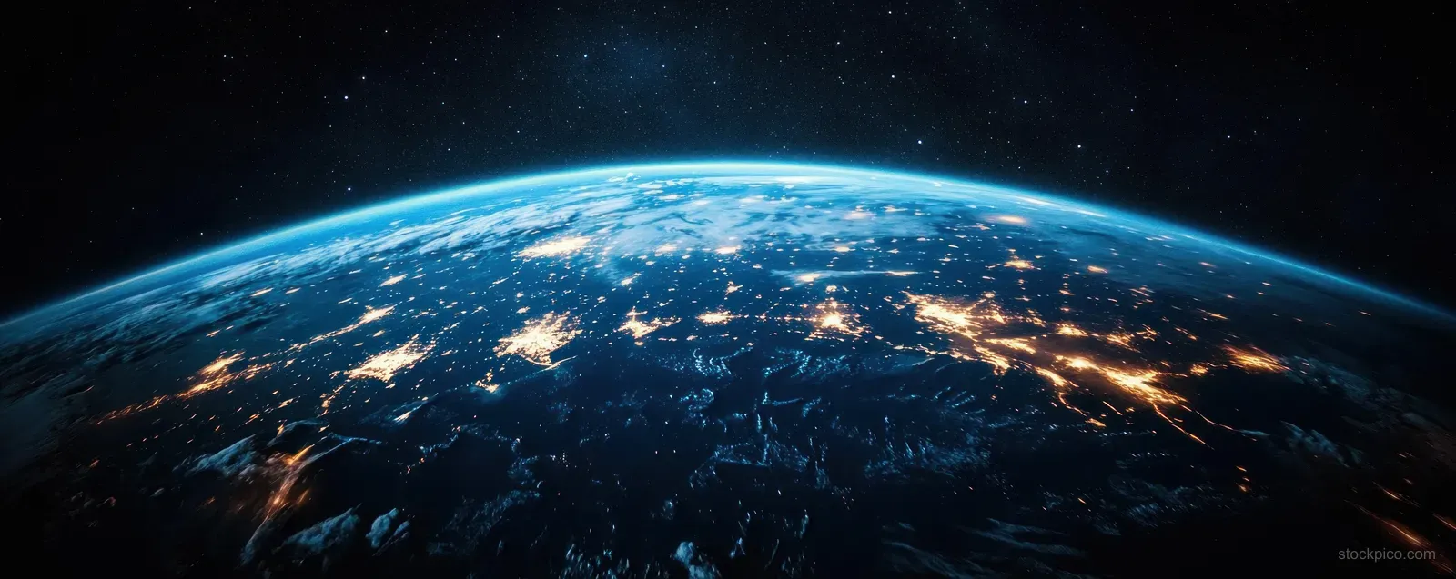 Earth from space with glowing night city lights across Europe and the Middle East below a dark starry sky.