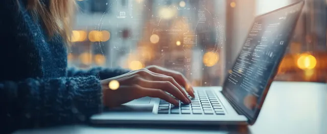 A person’s hands type on a laptop keyboard in a modern office with faint glowing network links.