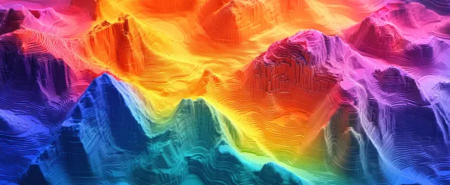 Isometric 3D topographic map with glowing elevation contour bands across colorful mountains and valleys.