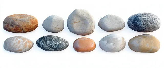 Ten smooth rounded stones with varied colors arranged in two rows on a white background.