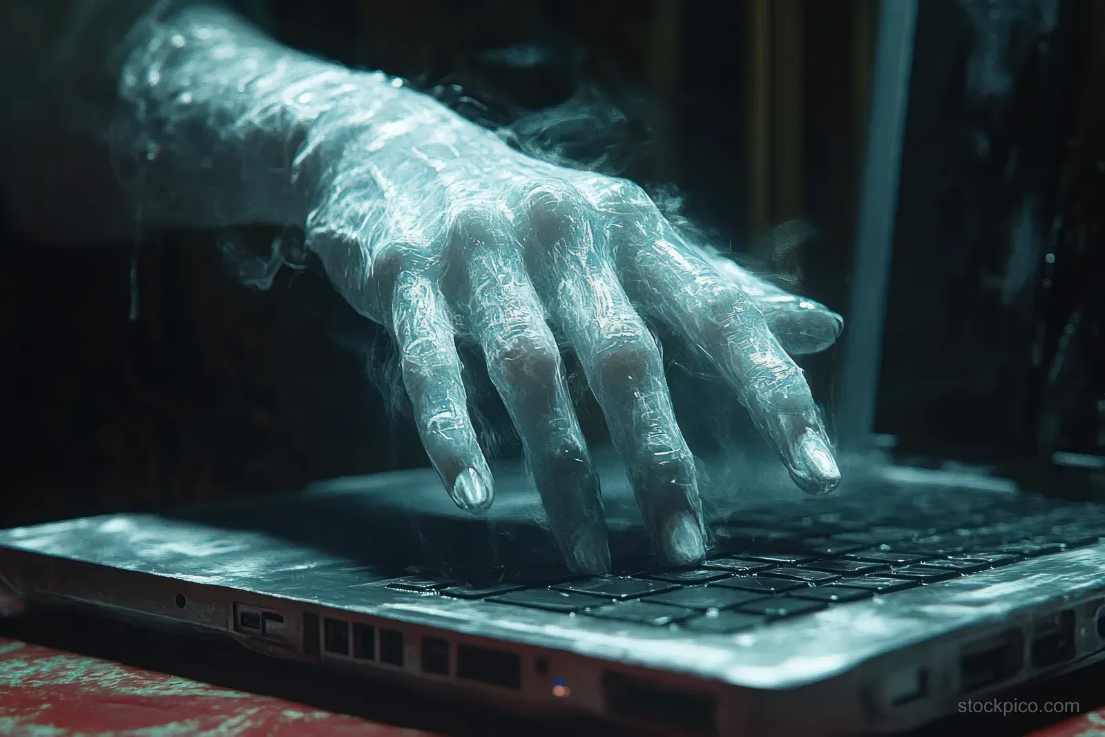 A gloved thief hand reaches out from a dark laptop screen toward the illuminated keyboard and network signals.
