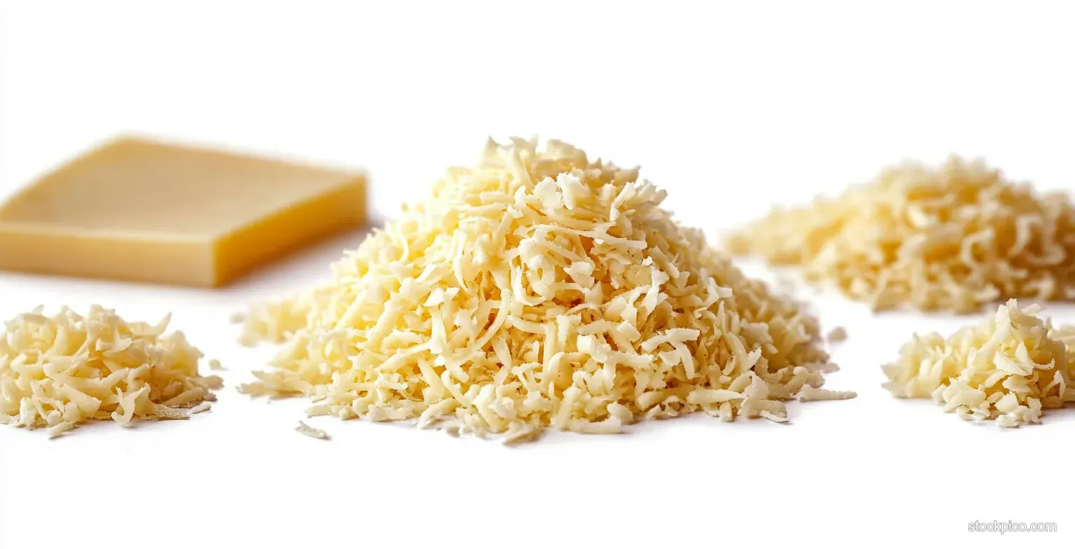 Shredded white cheese piles and one block of cheese arranged on a clean white background.