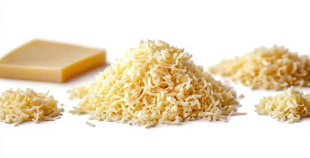 Shredded white cheese piles beside a single cheese block on a clean white background