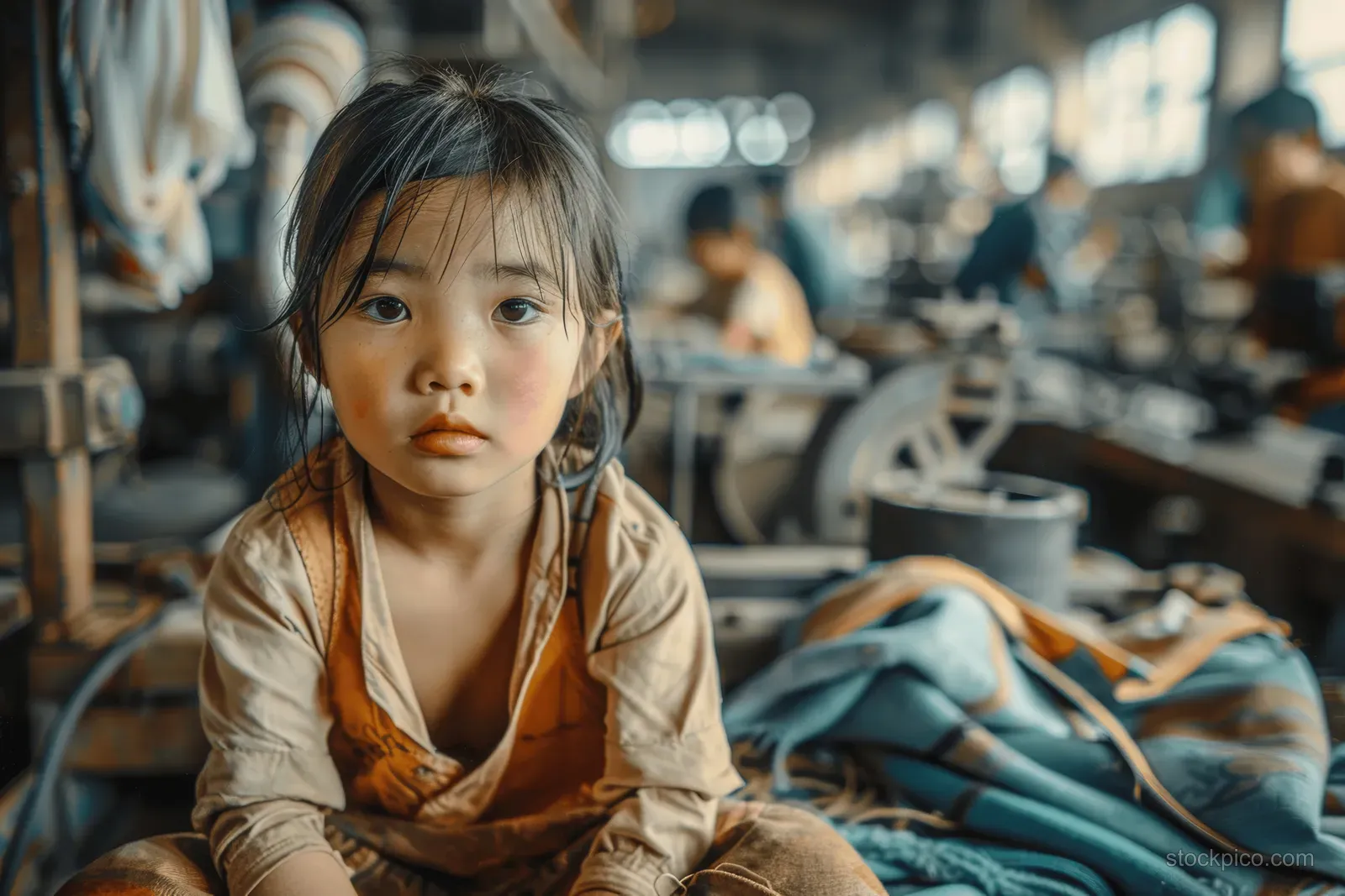 Young Asian girl sits in a crowded textile workshop surrounded by sewing machines and working people.