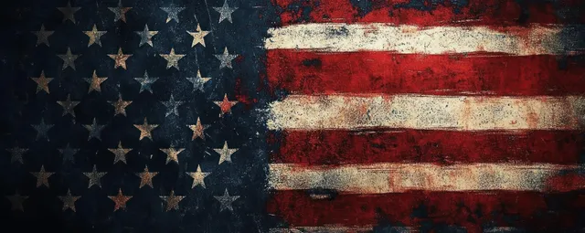 Distressed American flag with grunge texture and weathered red, white, and blue background