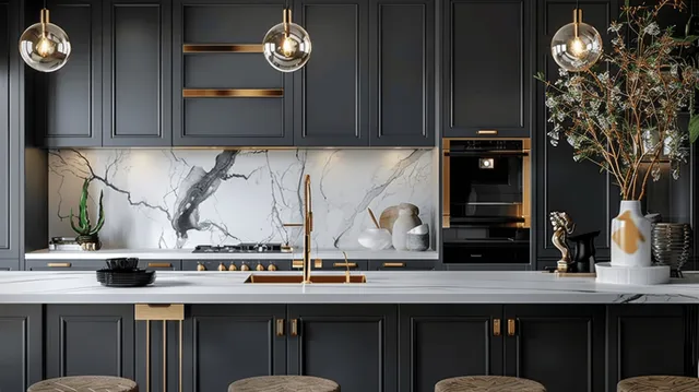 Black kitchen cabinets with white marble backsplash and gold pendant lights over a countertop.