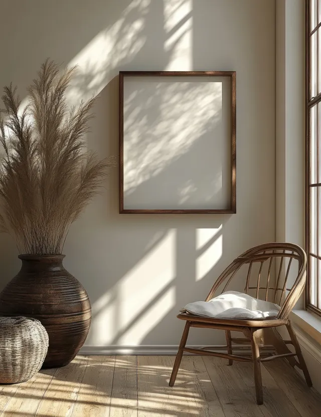 Empty wooden picture frame hangs on a soft white wall beside a sunlit chair and textured vase.