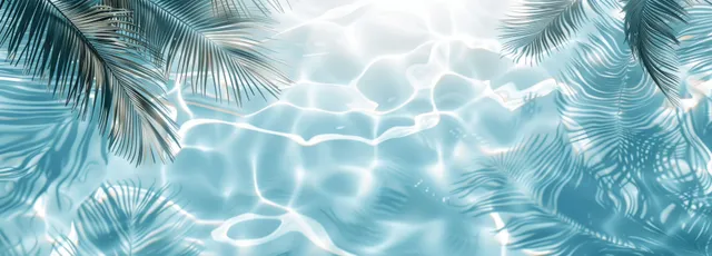 Palm leaf shadows fall across rippling light blue water with bright reflections.