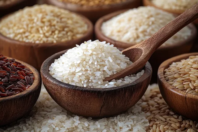 A wooden spoon scoops white rice from a small wooden bowl surrounded by mixed rice grains.