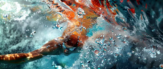 Underwater backstroke swimmer drives forward with splashes and bubbles around an arm stroke in a pool.