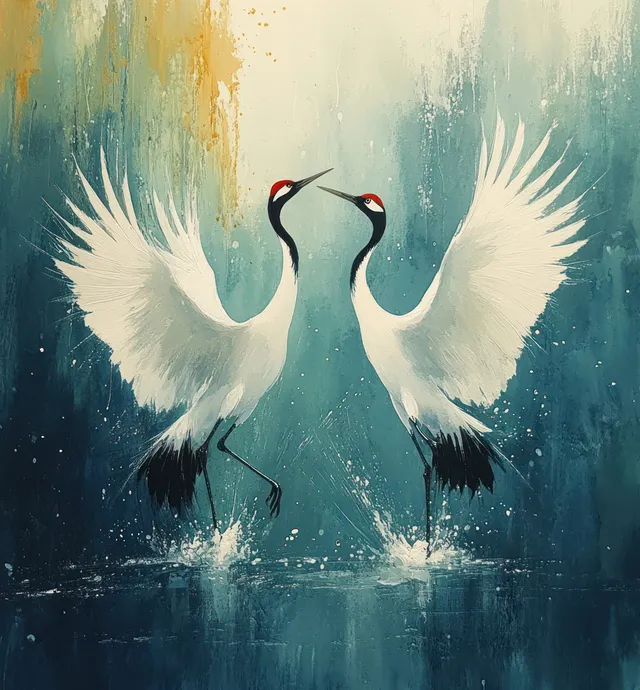 Two red-crowned cranes spread wings while dancing in watercolor ink on blue-green water