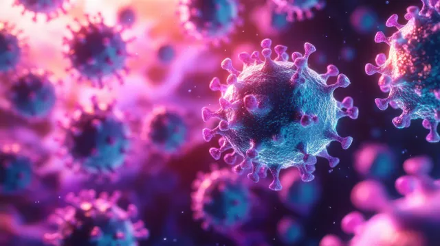 Glowing microscopic virus particles with spike proteins appear in pink and blue under dark microscope-like lighting.