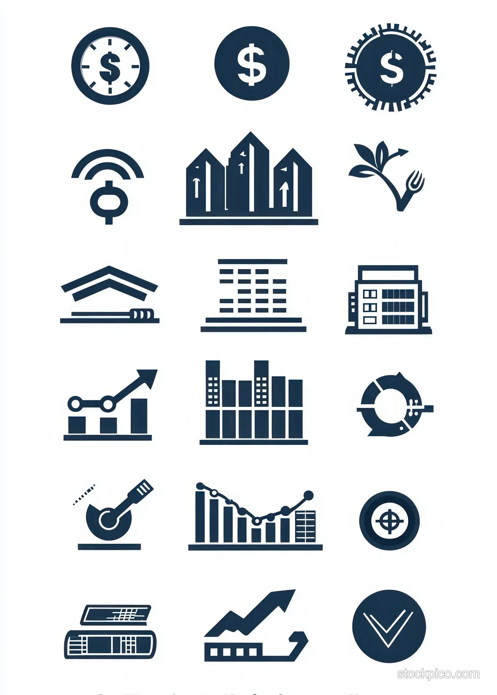 Dark blue set of finance icons with charts, dollar signs, check marks, and buildings on a white background.
