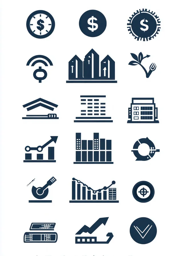 Dark blue set of finance icons with charts, dollar signs, check marks, and buildings on a white background.