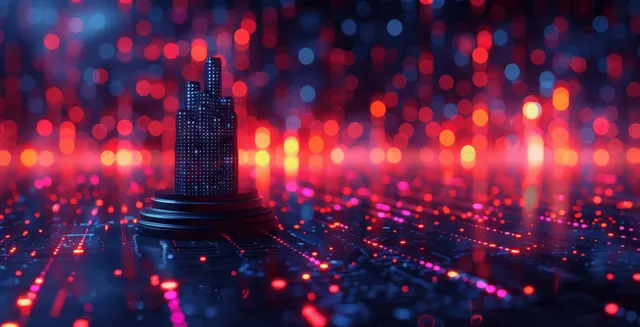 Neon city skyline with glowing data lines and overlaid financial chart bars in a futuristic trading scene.