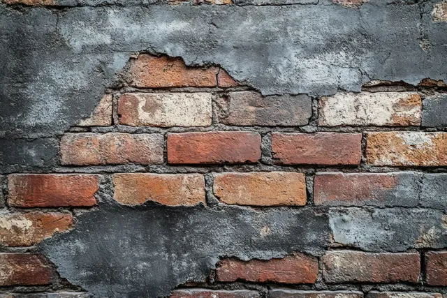 Weathered brick wall with peeling gray plaster exposing red and white bricks and cracks.