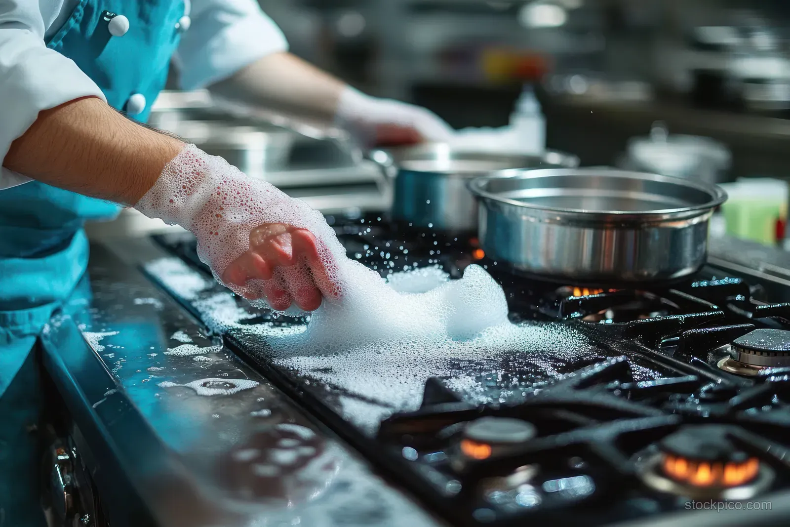 Gloved person scrubs a gas stove top with soapy bubbles beside steel pots and a glowing burner.