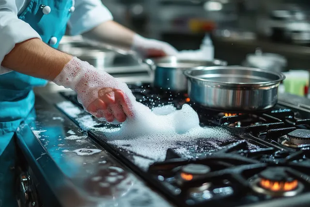 Gloved person scrubs a gas stove top with soapy bubbles beside steel pots and a glowing burner.